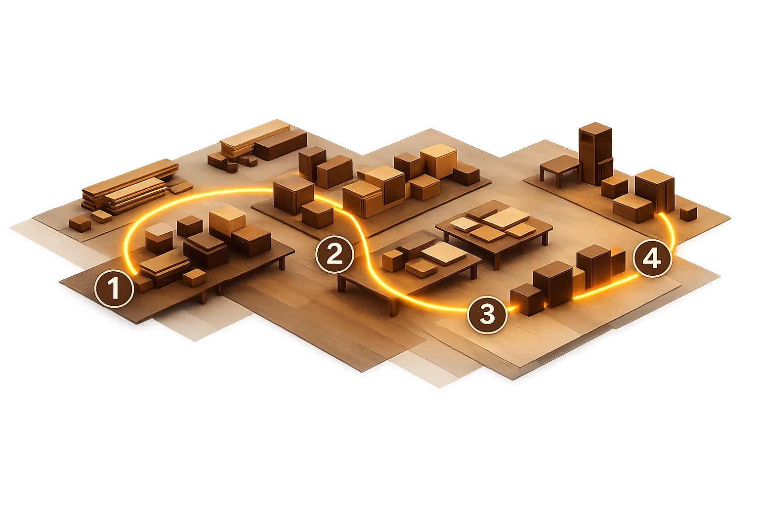 Fertigungsphasen-Übersicht: Zuschnitt, Korpus, Oberfläche, Montage